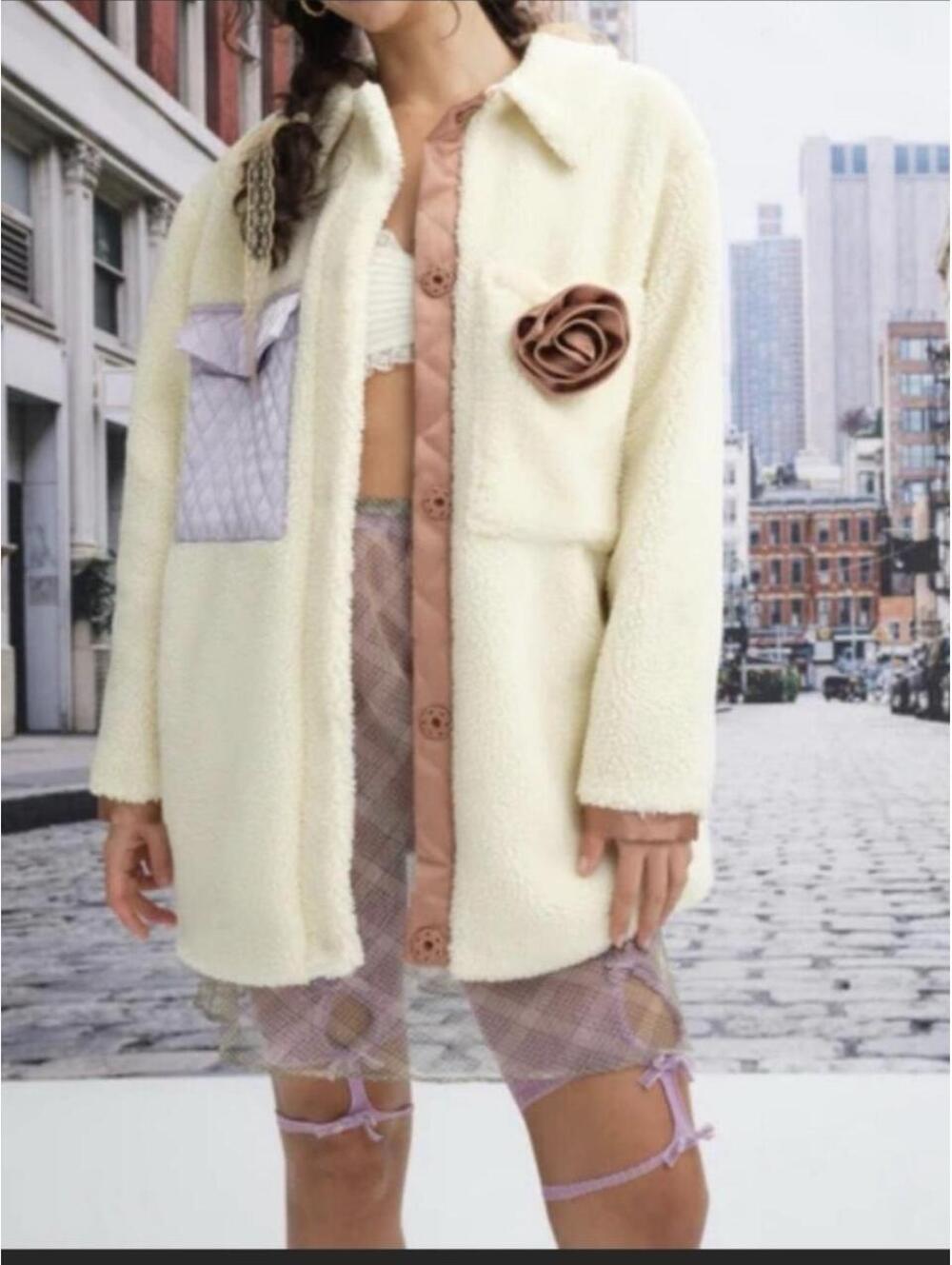Katrina For Love & Lemons ivory faux-shearling teddy jacket